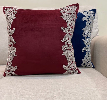 Zardozi Embellished Hand Embroidered Luxury Velvet Cushion Cover Size 16"x16"