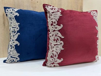 Zardozi Embellished Hand Embroidered Luxury Velvet Cushion Cover Size 16"x16"