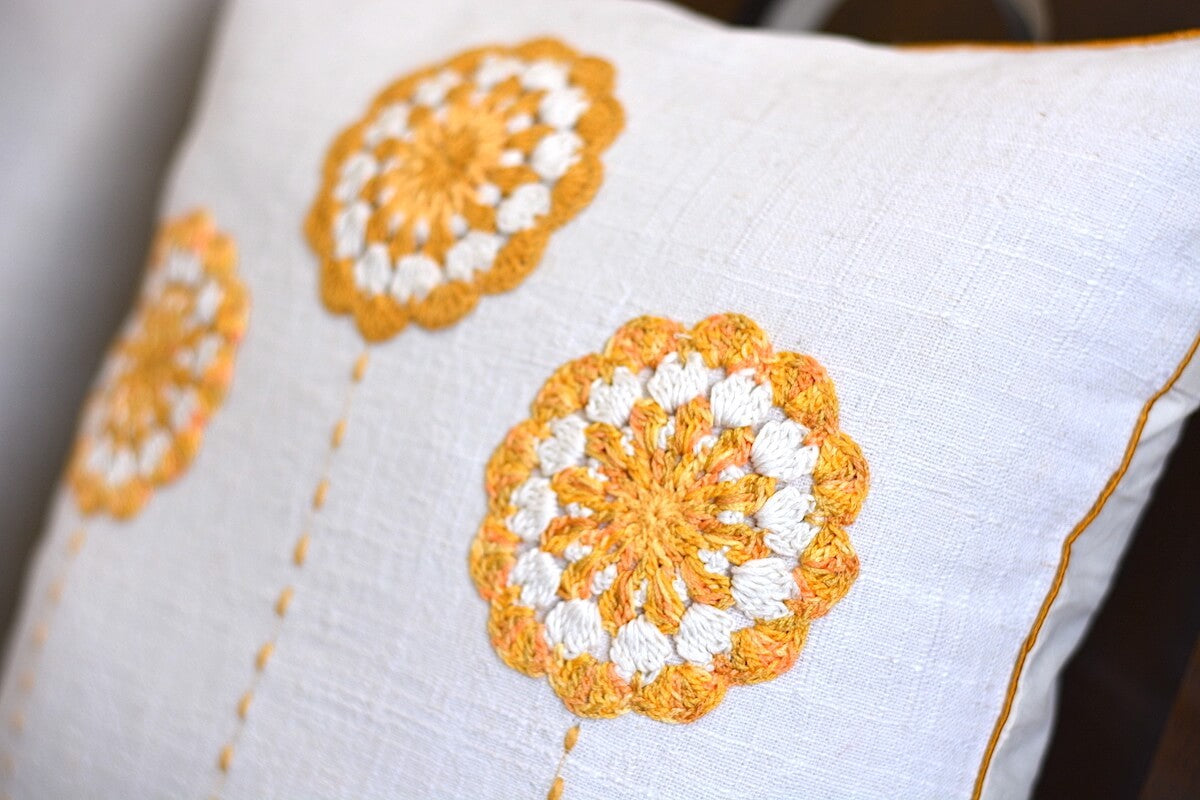 Cotton Linen Crochet Sunflowers Cream Color Cushion Cover - 16”x16” Size