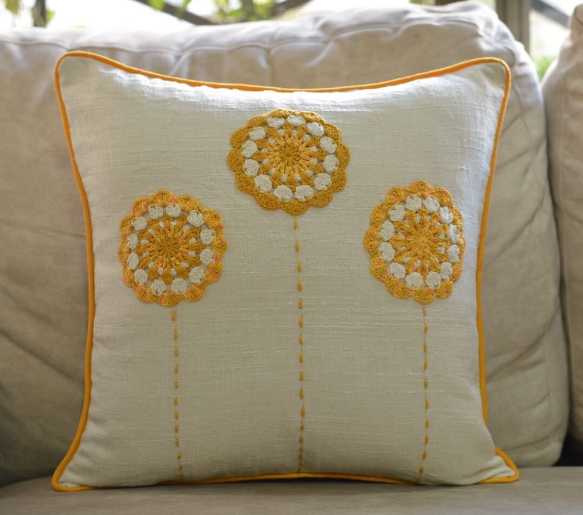 Cotton Linen Crochet Sunflowers Cream Color Cushion Cover - 16”x16” Size