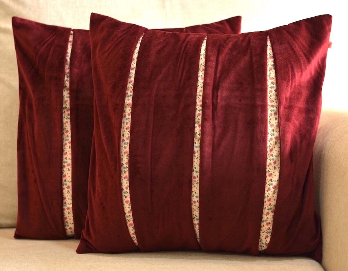 Designer Pleated Pattern Velvet & Cotton Printed Cushion Cover - Maroon, 16''x16'' Size