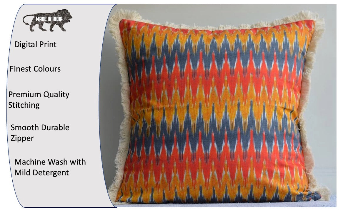 Ikat Printed Cotton Orange Colour Cushion Cover Size 16"x16"