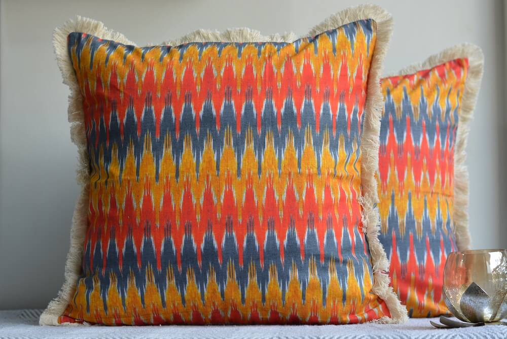 Ikat Printed Cotton Orange Colour Cushion Cover Size 16"x16"