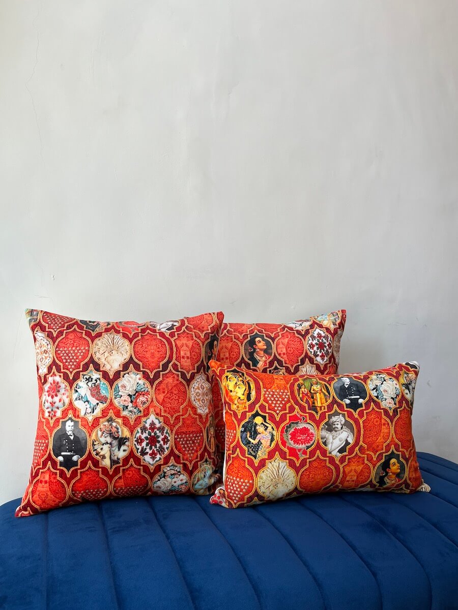 Indian Vintage Art Printed Cotton Canvas Orange Colour Lumbar Cushion Cover Size 12"x18"