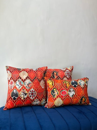 Indian Vintage Art Printed Cotton Canvas Orange Colour Lumbar Cushion Cover Size 12"x18"