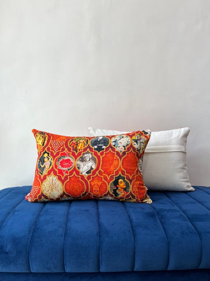 Indian Vintage Art Printed Cotton Canvas Orange Colour Lumbar Cushion Cover Size 12"x18"