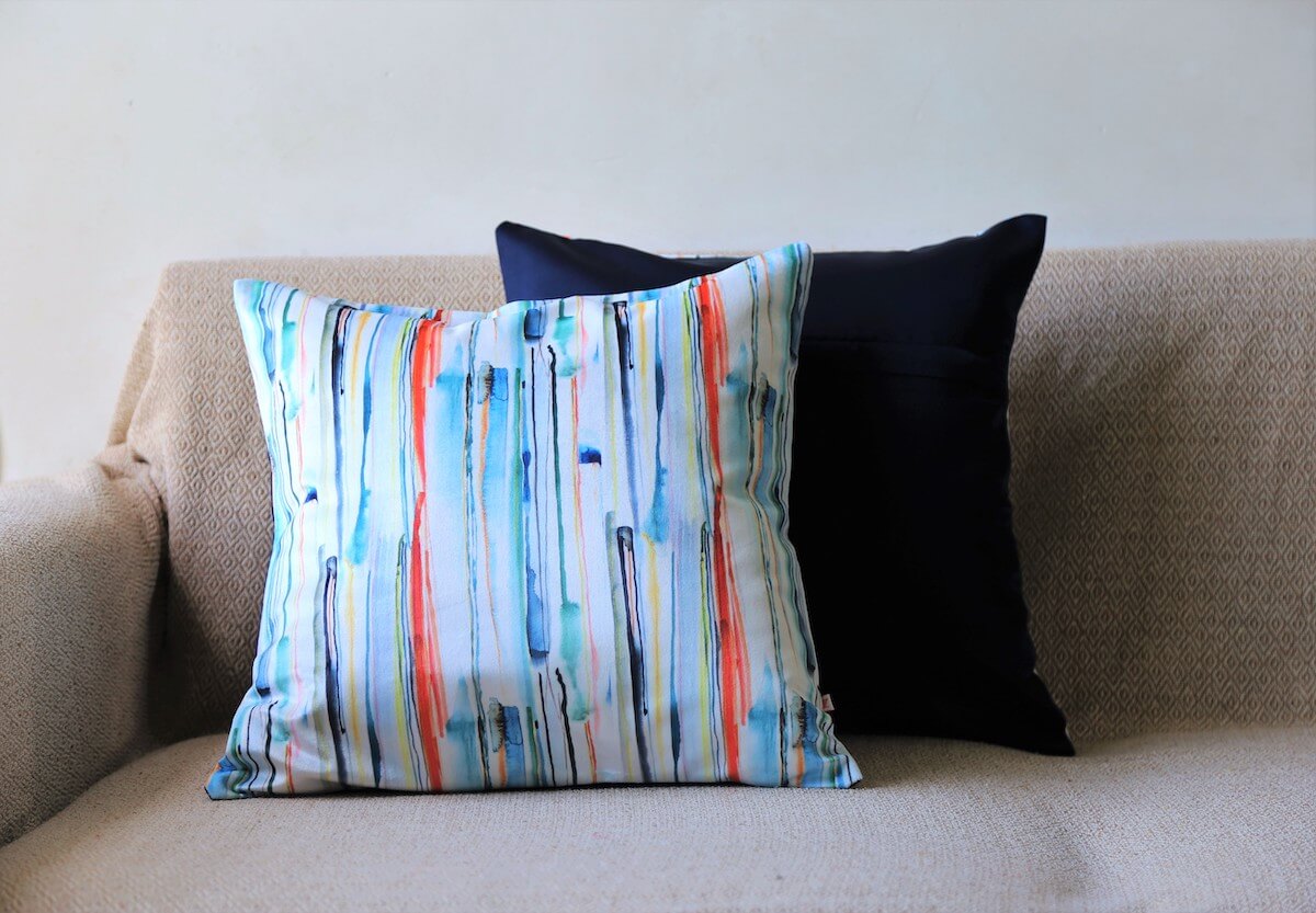 Abstract Brush Strokes Design Printed Velvet White Multicolour Cushion Cover Size 16"x16"