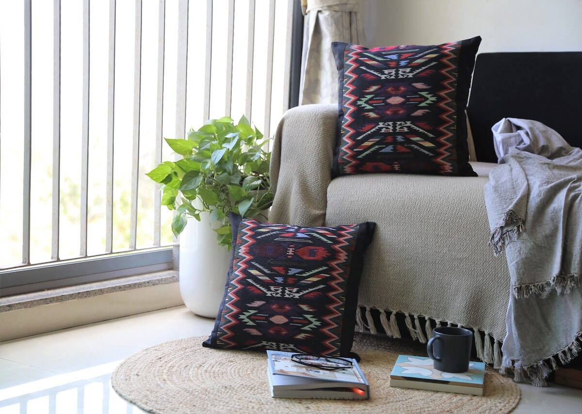 Aztec Pattern Cotton Handloom Black Cushion Cover Size 16"x16"